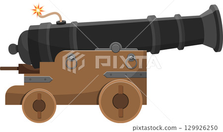 Animated cannon with a lit fuse, ready to fire a projectile. Classic artillery weapon design. 129926250