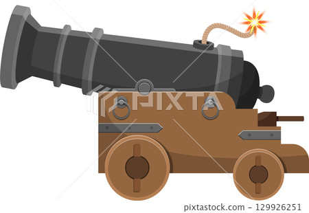 A cartoon-style artillery cannon with lit fuse, poised to fire a projectile towards a target. 129926251
