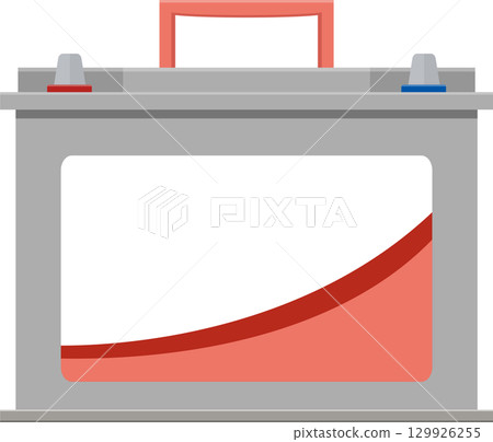 Isolated vehicle battery. Grey case with colored terminals and carry handle on top for mobility. 129926255