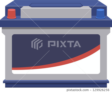 Illustration of a blue and grey battery with red and blue terminals on a black background. 129926256