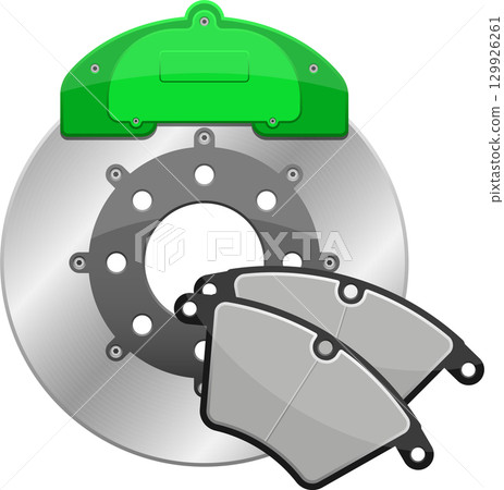 Close-up shot of car's braking system showcasing disc brake, pads and green brake caliper. 129926261