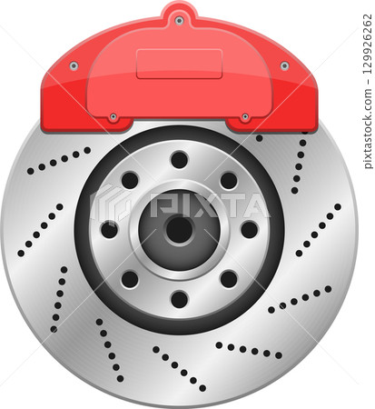 Precision-engineered disc brake with a vibrant red caliper for superior stopping power and safety. Precision-engineered disc brake with a vibrant red caliper for superior stopping power and safety. 129926262