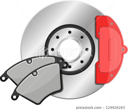 Close-up of a brake disk and brake pads used in vehicles for their stopping functionality. 129926263