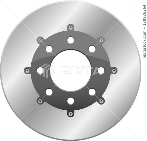 A metallic circular brake rotor with a gray central hub and mounting points for a braking system. 129926264