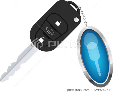 Remote car key with lock, unlock, and trunk release functions, on chain with oval fob. 129926267