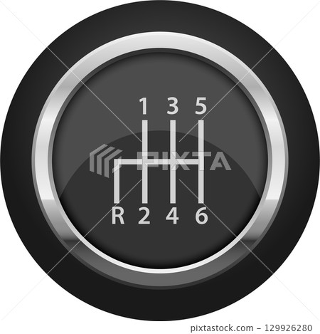 Manual transmission gear shift pattern diagram on a dark background inside a silver ring. 129926280