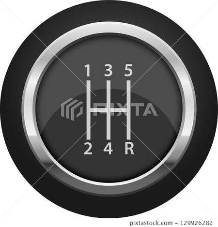 A detailed close-up of a gearshift pattern diagram, featuring silver numbers and shift layout. 129926282