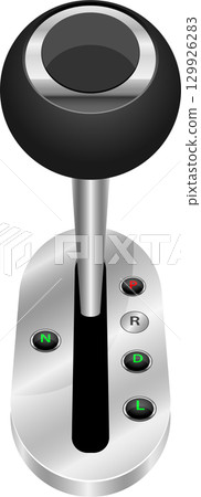 Close up of a chrome car gear shift, showing park, reverse, neutral, drive and low gear. 129926283
