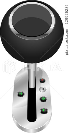 A shiny, silver-and-black automatic transmission gear shift for a vehicle with multiple settings. 129926285