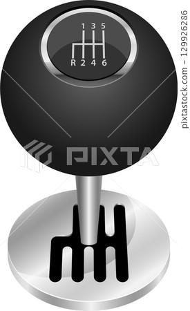 A black manual gear stick with a silver base showing the gears 1 to 6 and reverse position. 129926286