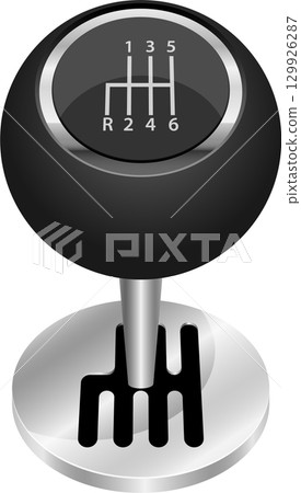 Illustration of a six-speed manual transmission gear stick showing gear positions on the knob. 129926287