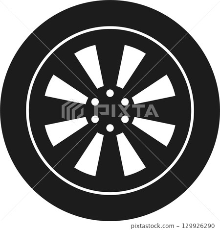 A dark grey tire with a complex rim design, radial spokes, and a sturdy, circular shape. 129926290