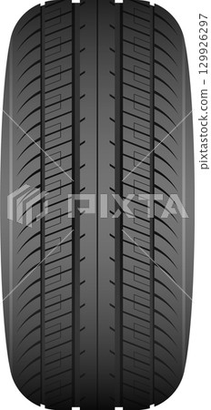 Close up of a car tire displaying its textured tread pattern, essential for traction and safety. 129926297