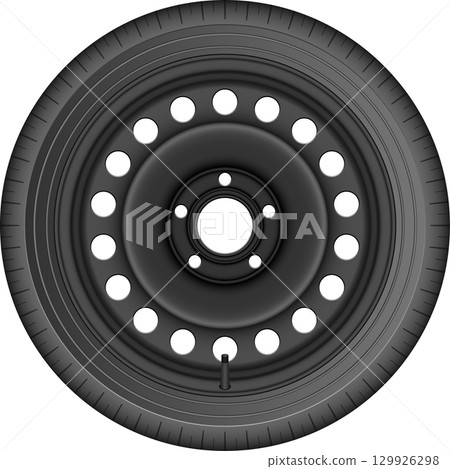 A sleek automotive tire showcases a classic steel rim design with a smooth, dark grey finish. 129926298