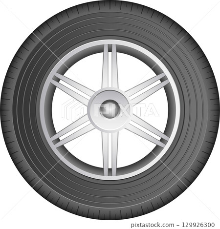 Sleek automobile tire with silver rim and minimalist design against a stark black background. 129926300