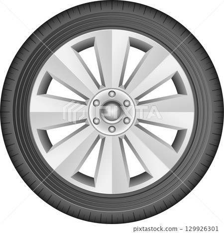 Sleek silver car wheel and tire combination with an intricate spoke design on a black background. 129926301