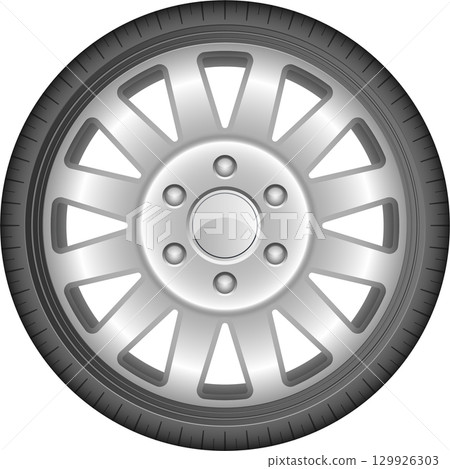 Silver vehicle wheel with open triangle pattern spokes and tire on a black background. 129926303
