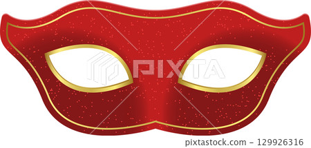 A red masquerade mask with a gold trim and sparkles throughout the entirety of the mask. 129926316