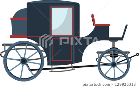 A vintage horse-drawn carriage with navy blue paint and red accents, with big wheels and a door. 129926318