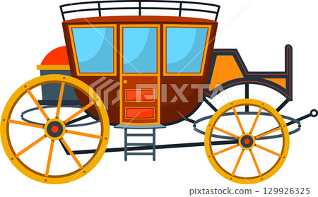 A vibrant, cartoon-style carriage stands against a black backdrop, evoking historical charm. 129926325