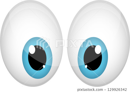Cartoon illustration of two wide, expressive eyes with large, blue irises and shiny reflections. 129926342