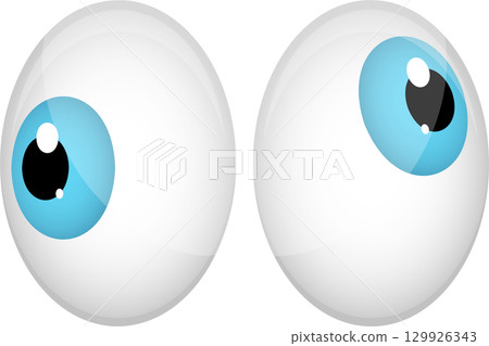 Two stylized eyeballs with blue irises are positioned side by side, each looking in opposite directions. Two stylized eyeballs with blue irises are positioned side by side, each looking in opposite directions. 129926343