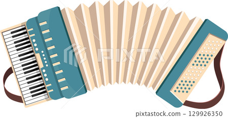 Illustration of an accordion with piano keys, air bellows, buttons, and brown leather straps. Illustration of an accordion with piano keys, air bellows, buttons, and brown leather straps. 129926350