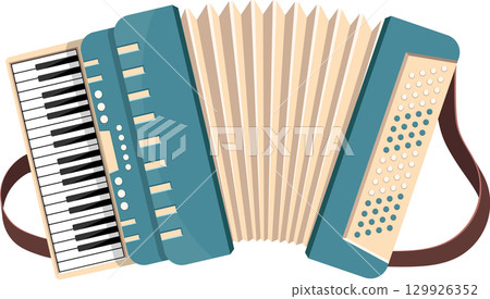 Classic blue and cream-colored accordion, complete with keys, buttons, and bellows, musical instrument Classic blue and cream-colored accordion, complete with keys, buttons, and bellows, musical instrument 129926352