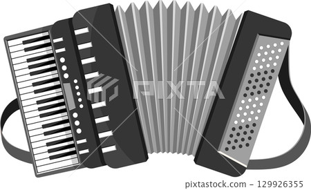 A black and white accordion with bellows and keys, a musical instrument, is shown in a cartoon art. A black and white accordion with bellows and keys, a musical instrument, is shown in a cartoon art. 129926355