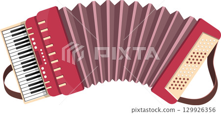 Red and pink cartoon accordion with black and white keys and brown straps for performance. Red and pink cartoon accordion with black and white keys and brown straps for performance. 129926356