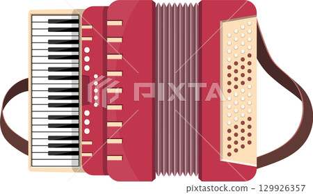 A red accordion with a keyboard and buttons is displayed against a black background. 129926357