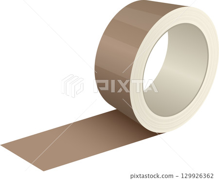 A roll of tan-colored adhesive tape, partially unrolled and ready for use in packaging tasks. 129926362