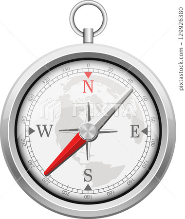 Silver compass with a detailed map of the world in its center with red needle points. 129926380