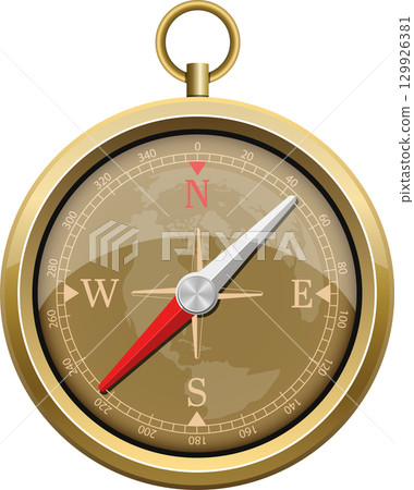Classical golden compass navigation tool with world map design isolated on black background. 129926381