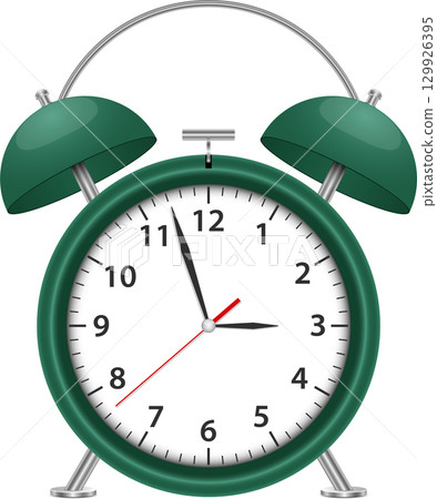 Green alarm clock showing a few minutes before three o'clock. Stay punctual with this classic! Green alarm clock showing a few minutes before three o'clock. Stay punctual with this classic! 129926395