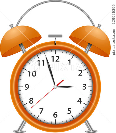 Vintage orange alarm clock with bells displays the time as almost eleven fifty-five o'clock 129926396