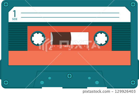 Retro audio cassette tape with teal casing and orange central panel for music or data storage. Retro audio cassette tape with teal casing and orange central panel for music or data storage. 129926403