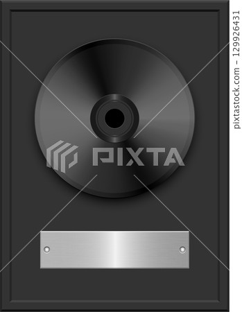 A framed black record on a dark background, with a metallic silver nameplate on the frame. 129926431
