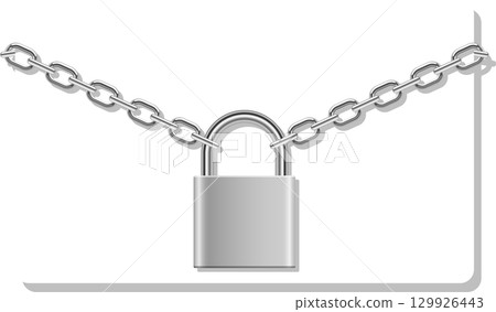 Metal padlock is secured by a strong chain, implying safety, security, and data protection. 129926443