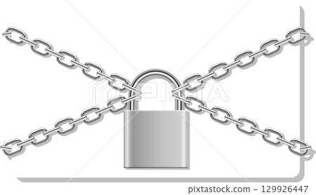 A silver padlock is secured by two crossing silver chains, symbolizing protection and safety. A silver padlock is secured by two crossing silver chains, symbolizing protection and safety. 129926447