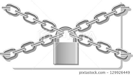 A shiny metal padlock is secured with a cross of chains on a white backdrop, conveying security. A shiny metal padlock is secured with a cross of chains on a white backdrop, conveying security. 129926449