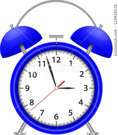 A vibrant blue alarm clock stands out, indicating the time with precision against a stark background. 129926578