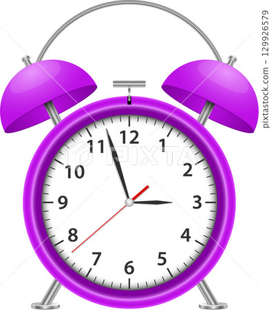 A vibrant purple alarm clock sits against a black background. Its time reads almost eleven o'clock. A vibrant purple alarm clock sits against a black background. Its time reads almost eleven o'clock. 129926579