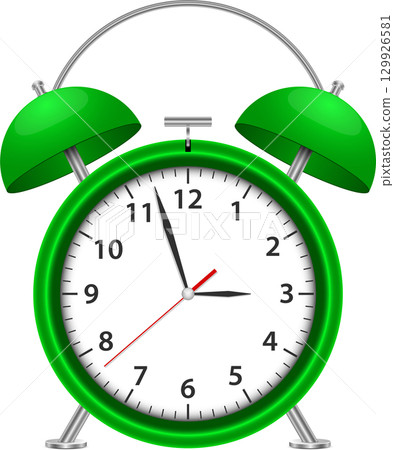 Green alarm clock showing approximately 2:55. A classic design with bells on top. Green alarm clock showing approximately 2:55. A classic design with bells on top. 129926581