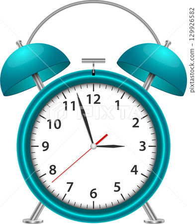 Teal alarm clock with bells shows almost 11:58. It's time to wake up! Clock isolated on black. Teal alarm clock with bells shows almost 11:58. It's time to wake up! Clock isolated on black. 129926582