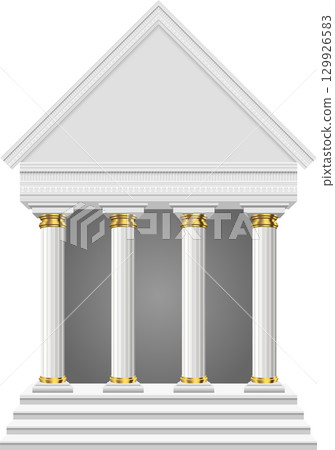 A stately facade of white pillars and steps with gold accents evokes a classical architectural style A stately facade of white pillars and steps with gold accents evokes a classical architectural style 129926583