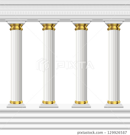 Elegant architectural detail featuring four white columns with golden accents against black backdrop. Elegant architectural detail featuring four white columns with golden accents against black backdrop. 129926587