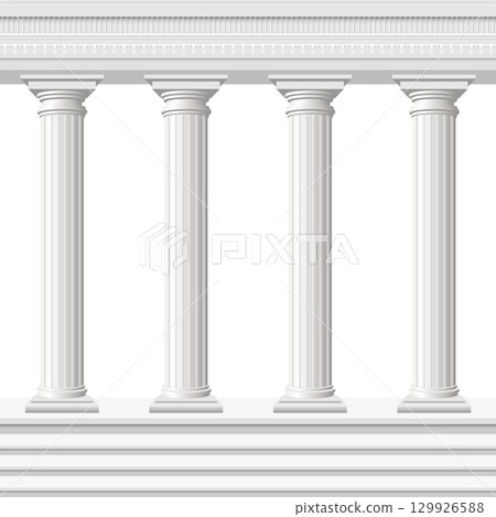 Row of classical white columns, architectural design, with black background on the distance. 129926588