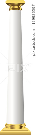 A sturdy, smooth, white column with gold accents stands prominently against a black background. A sturdy, smooth, white column with gold accents stands prominently against a black background. 129926597
