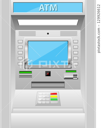 Close-up of a public automated teller machine (ATM) with a blank screen and keypad. 129926612